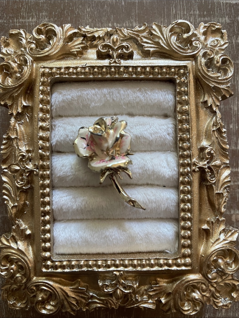 Vintage Rose Flower Brooch Pin, Gold Tone, Light Pink/Ivory. Frame not Included
